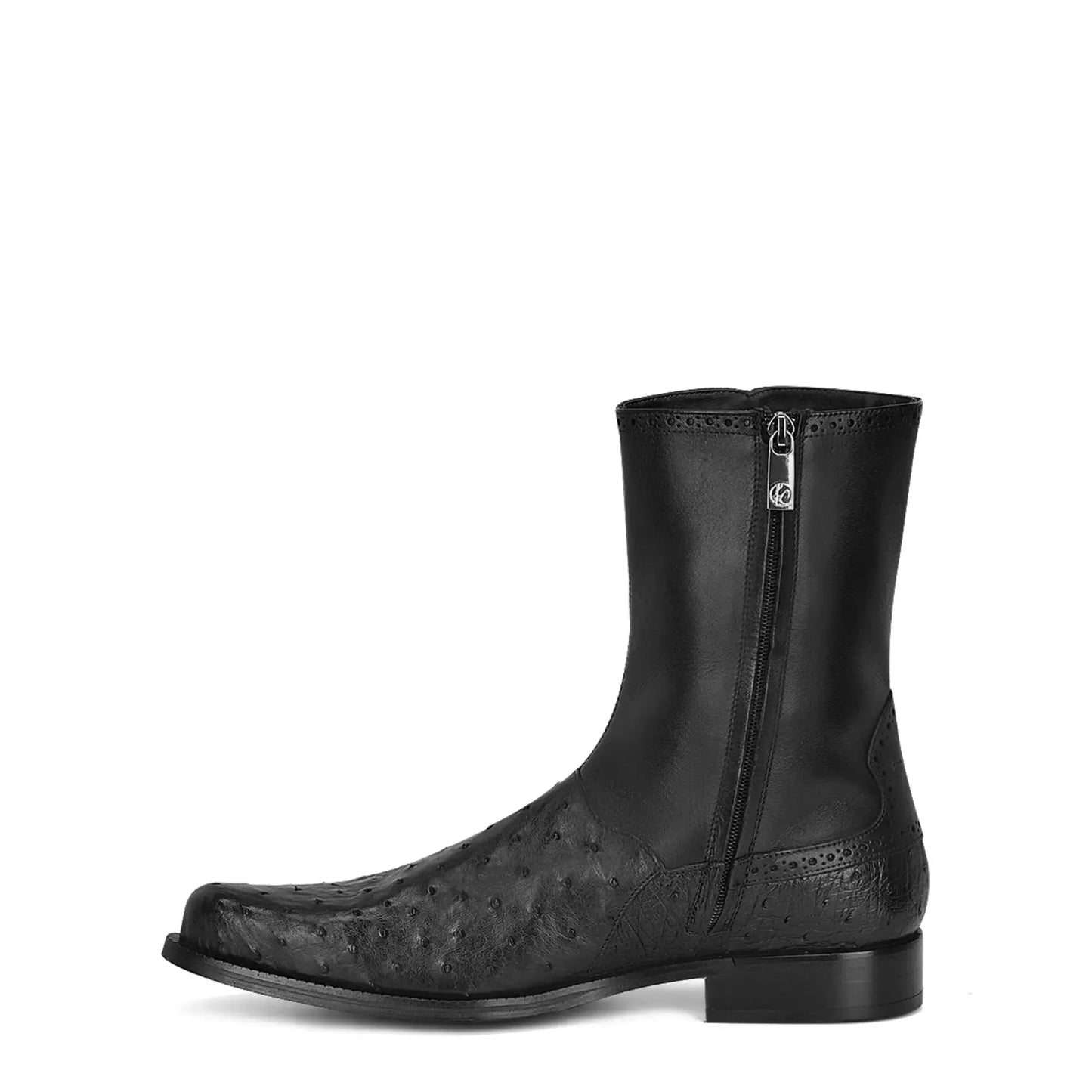 Black Mid-Calf Ostrich Boots—Round Toe, Zippered, Exotic Skin, Men's Footwear - Men Franco Cuadra Boot FC655 - El Rodeo Western Boutique