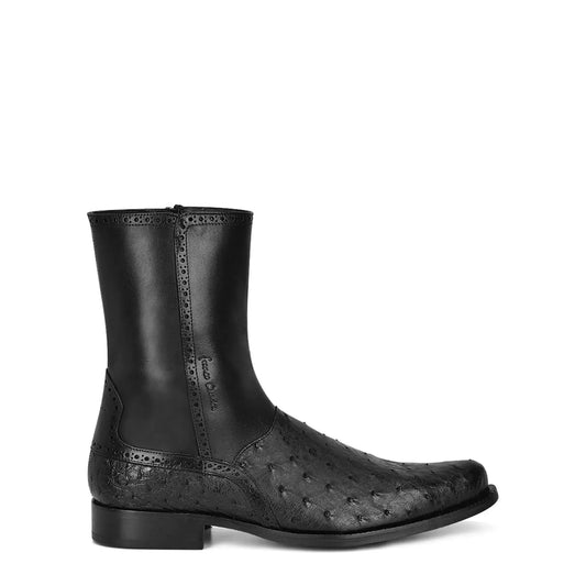 Black Mid-Calf Ostrich Boots—Round Toe, Zippered, Exotic Skin, Men's Footwear - Men Franco Cuadra Boot FC655 - El Rodeo Western Boutique
