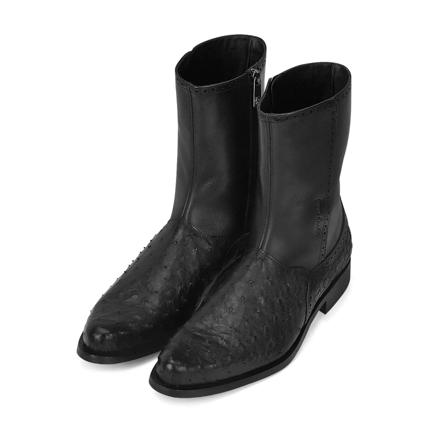 Black Mid-Calf Ostrich Boots—Round Toe, Zippered, Exotic Skin, Men's Footwear - Men Franco Cuadra Boot FC655 - El Rodeo Western Boutique