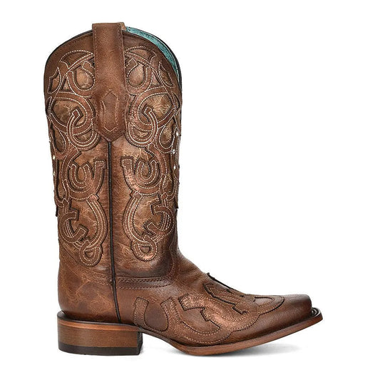 Women's Horseshoe Overlay Brown Square Toe Cowboy Boot - Corral Boots Z5136 - El Rodeo Western Boutique