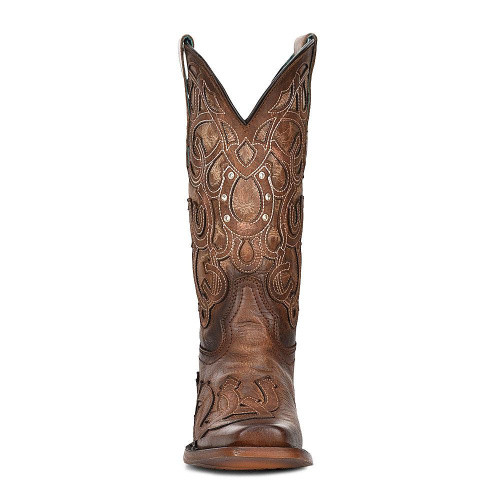 Women's Horseshoe Overlay Brown Square Toe Cowboy Boot - Corral Boots Z5136 - El Rodeo Western Boutique