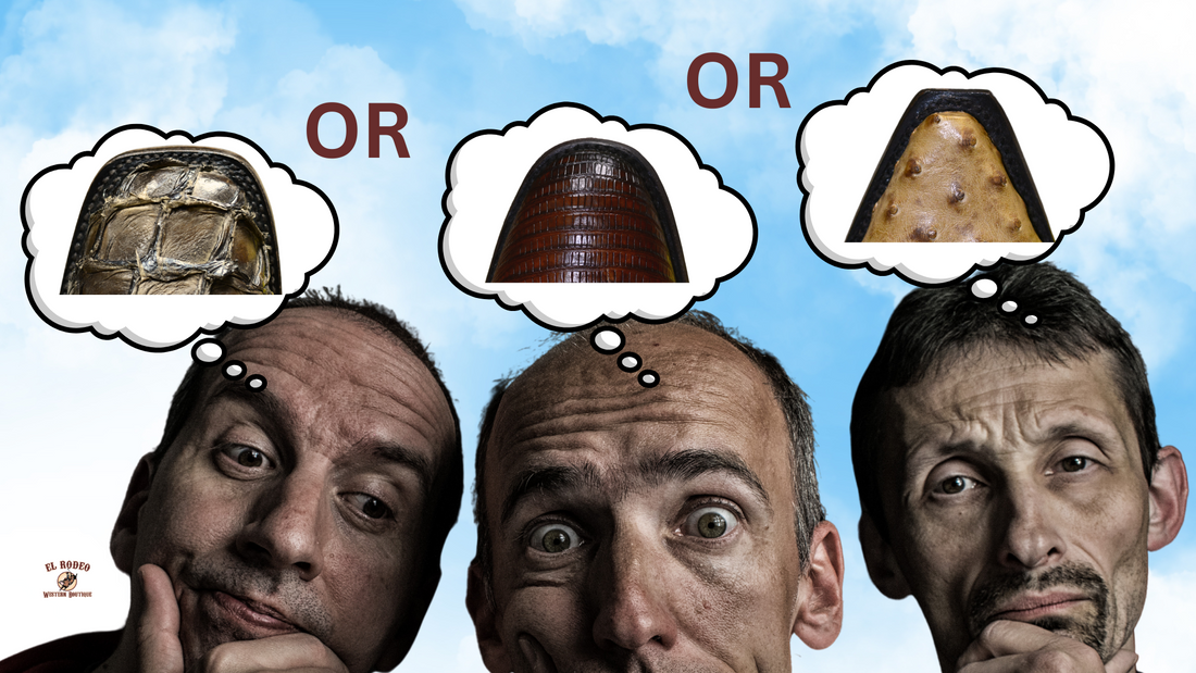 three men thinking which toe are they going to use for their next boot