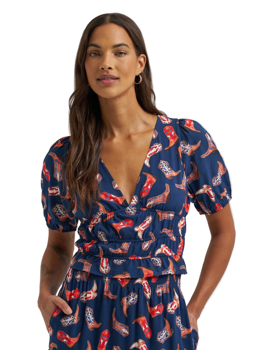 Women Wrangler Puff Sleeve V-Neck Blouse 112379488