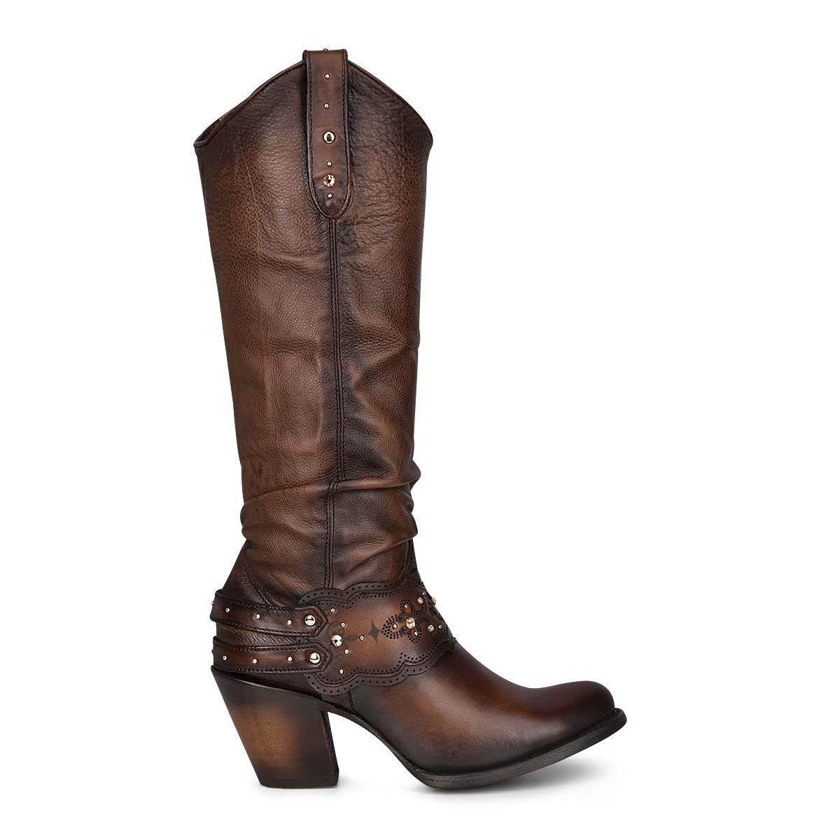 Slouch Boot Style: Timeless Western Charm Sleek Brown Western Boots with Laser Detailing & Rhinestones - Women Cuadra Boot CU581 - El Rodeo Western Boutique