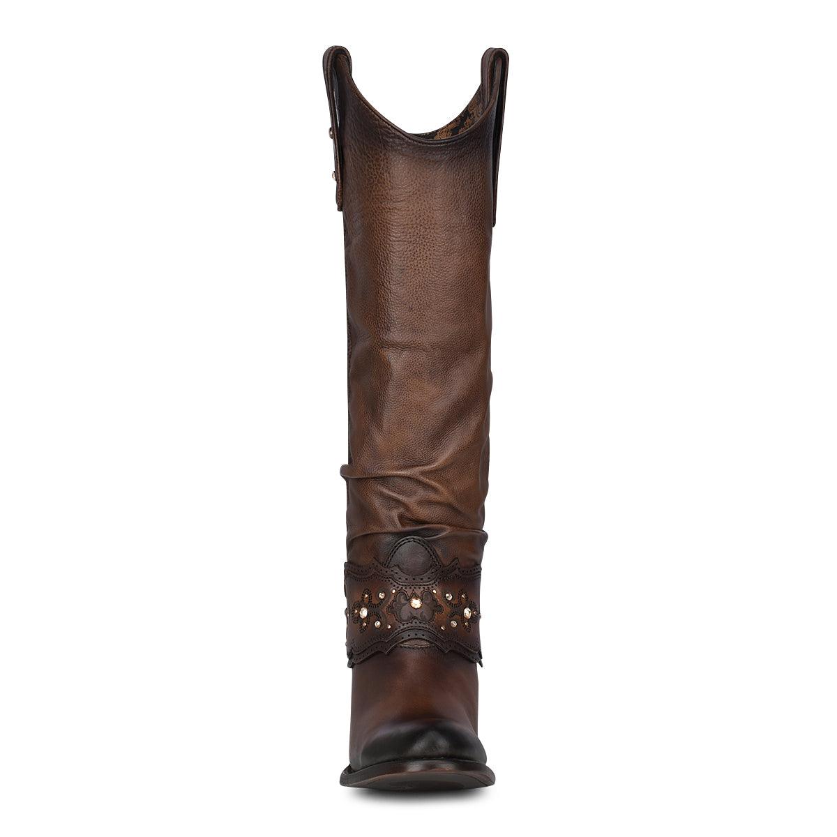 Slouch Boot Style: Timeless Western Charm Sleek Brown Western Boots with Laser Detailing & Rhinestones - Women Cuadra Boot CU581 - El Rodeo Western Boutique