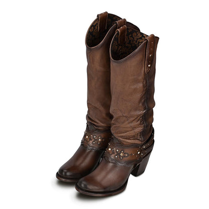 Slouch Boot Style: Timeless Western Charm Sleek Brown Western Boots with Laser Detailing & Rhinestones - Women Cuadra Boot CU581 - El Rodeo Western Boutique