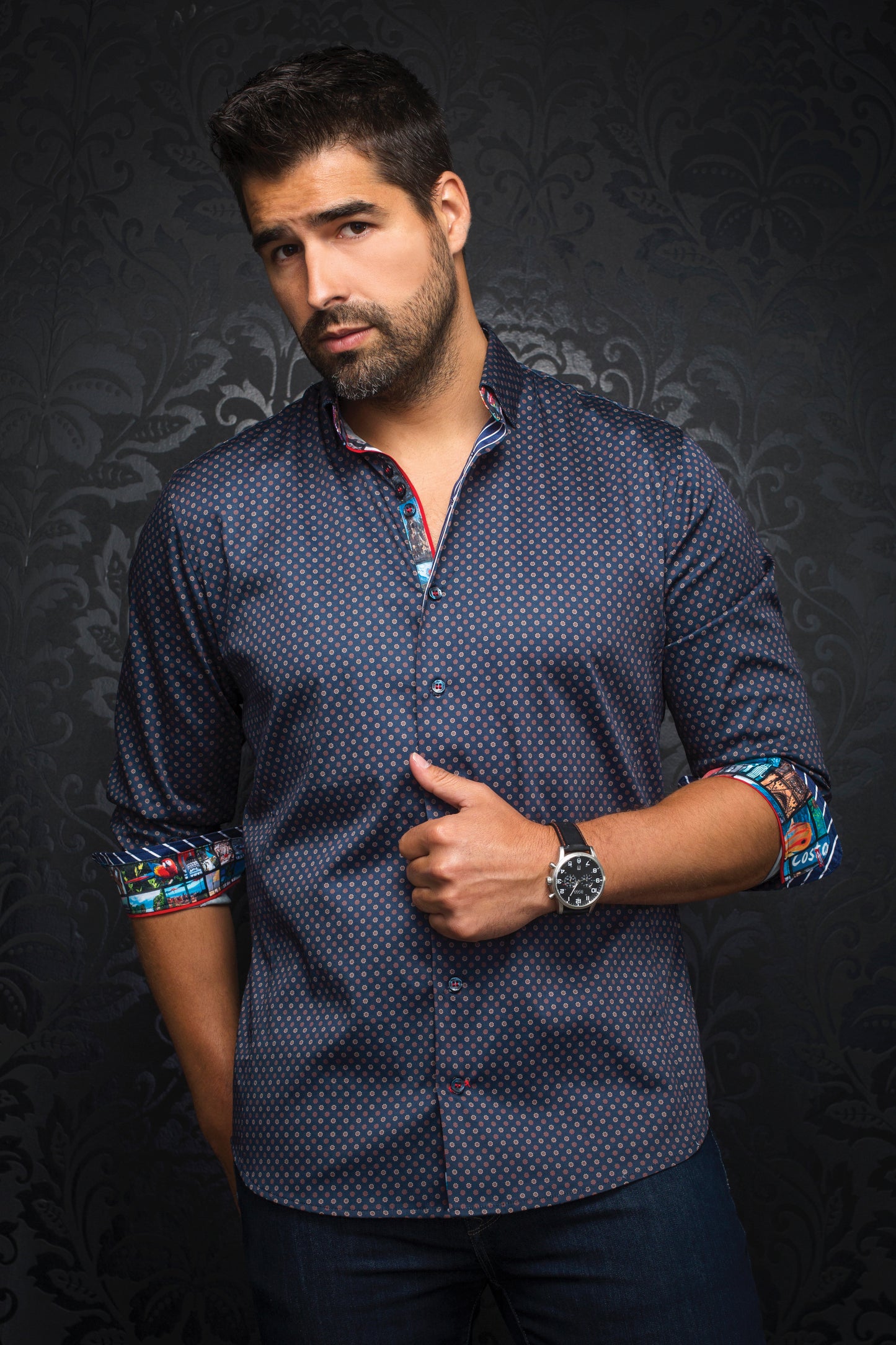 Men Au Noir Woven Shirt Bradford Navy/Beige