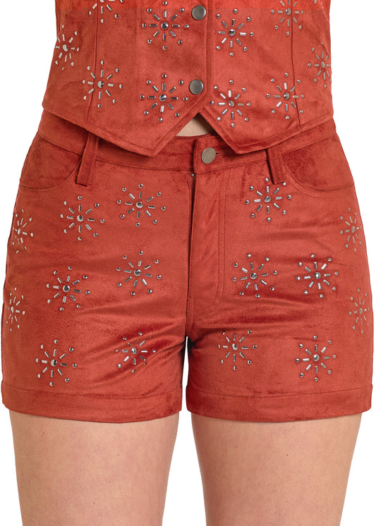Women Rock&Roll Microsuede Studded Short Rust BW68B08085