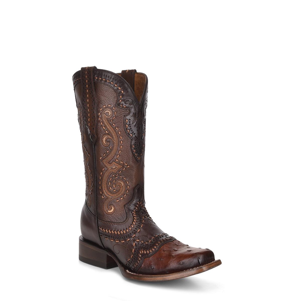 Lady Brown Ostrich & Goat Embroidery Boots - Handcrafted Style - Women Cuadra Boot CU490 - El Rodeo Western Boutique