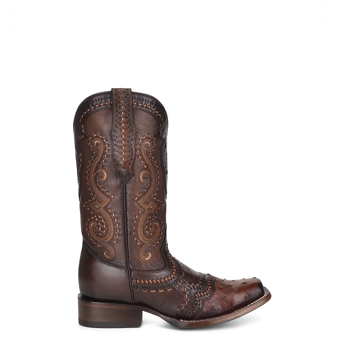 Lady Brown Ostrich & Goat Embroidery Boots - Handcrafted Style - Women Cuadra Boot CU490 - El Rodeo Western Boutique