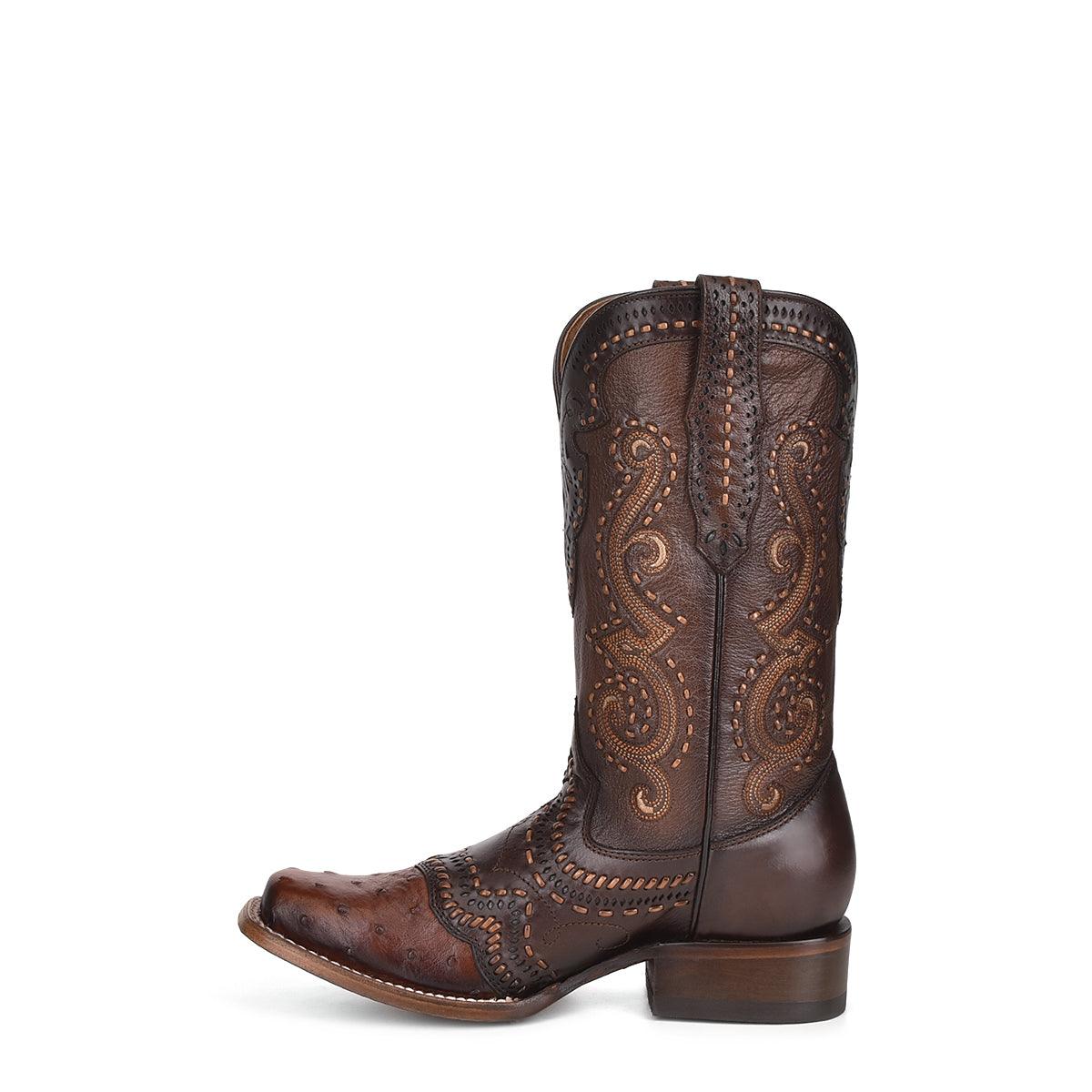 Lady Brown Ostrich & Goat Embroidery Boots - Handcrafted Style - Women Cuadra Boot CU490 - El Rodeo Western Boutique