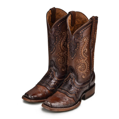 Lady Brown Ostrich & Goat Embroidery Boots - Handcrafted Style - Women Cuadra Boot CU490 - El Rodeo Western Boutique