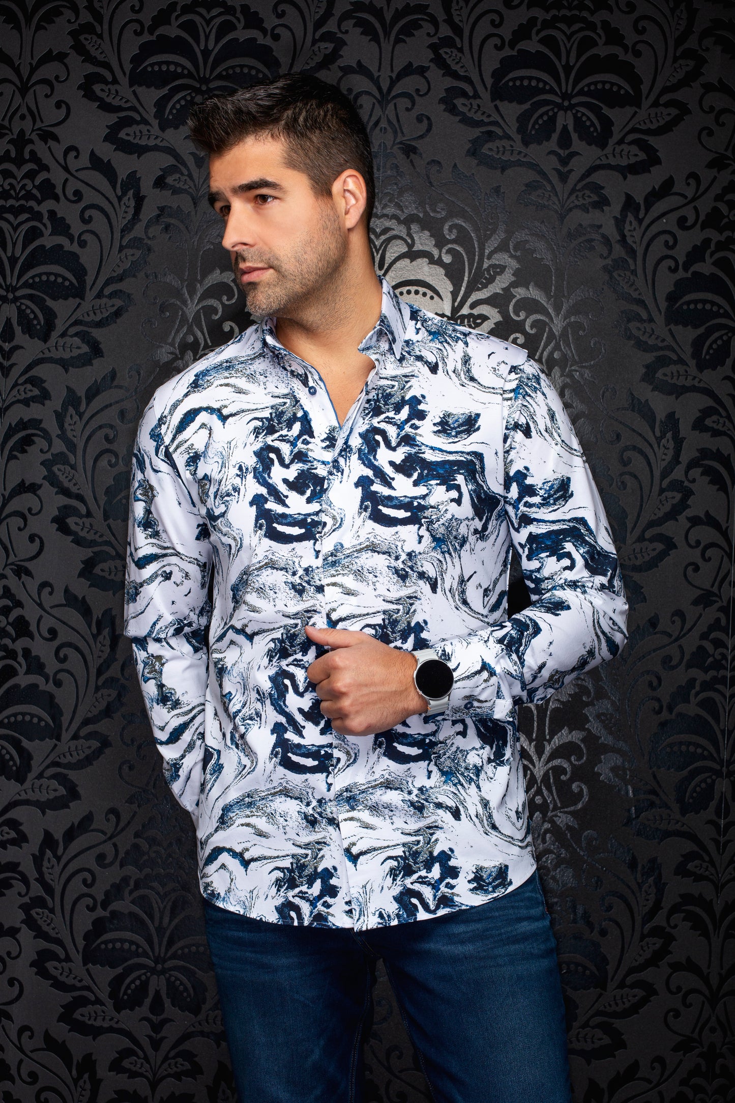 Men Au Noir Knit Shirt Thomas (LS) White Blue