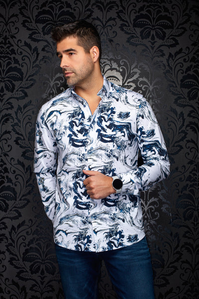 Men Au Noir Knit Shirt Thomas (LS) White Blue