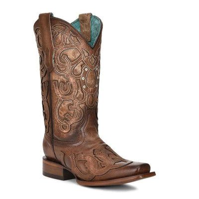 Women's Horseshoe Overlay Brown Square Toe Cowboy Boot - Corral Boots Z5136 - El Rodeo Western Boutique