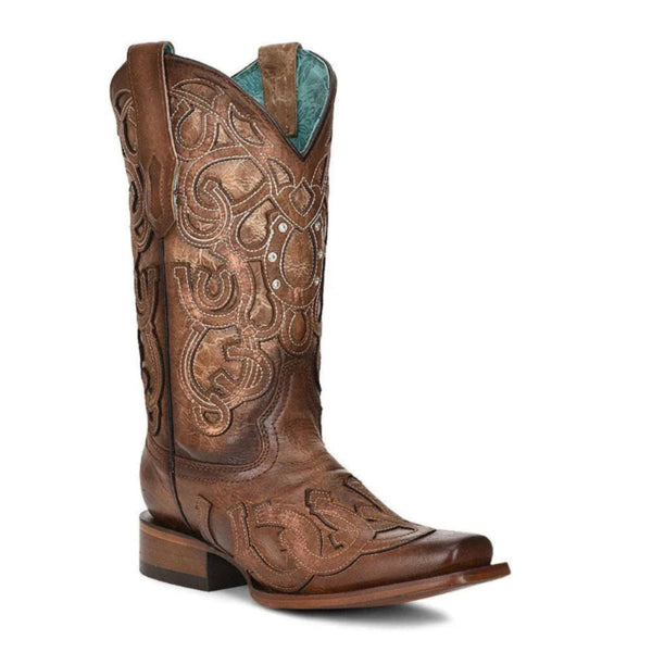 Women's Horseshoe Overlay Brown Square Toe Cowboy Boot - Corral Boots Z5136 - El Rodeo Western Boutique